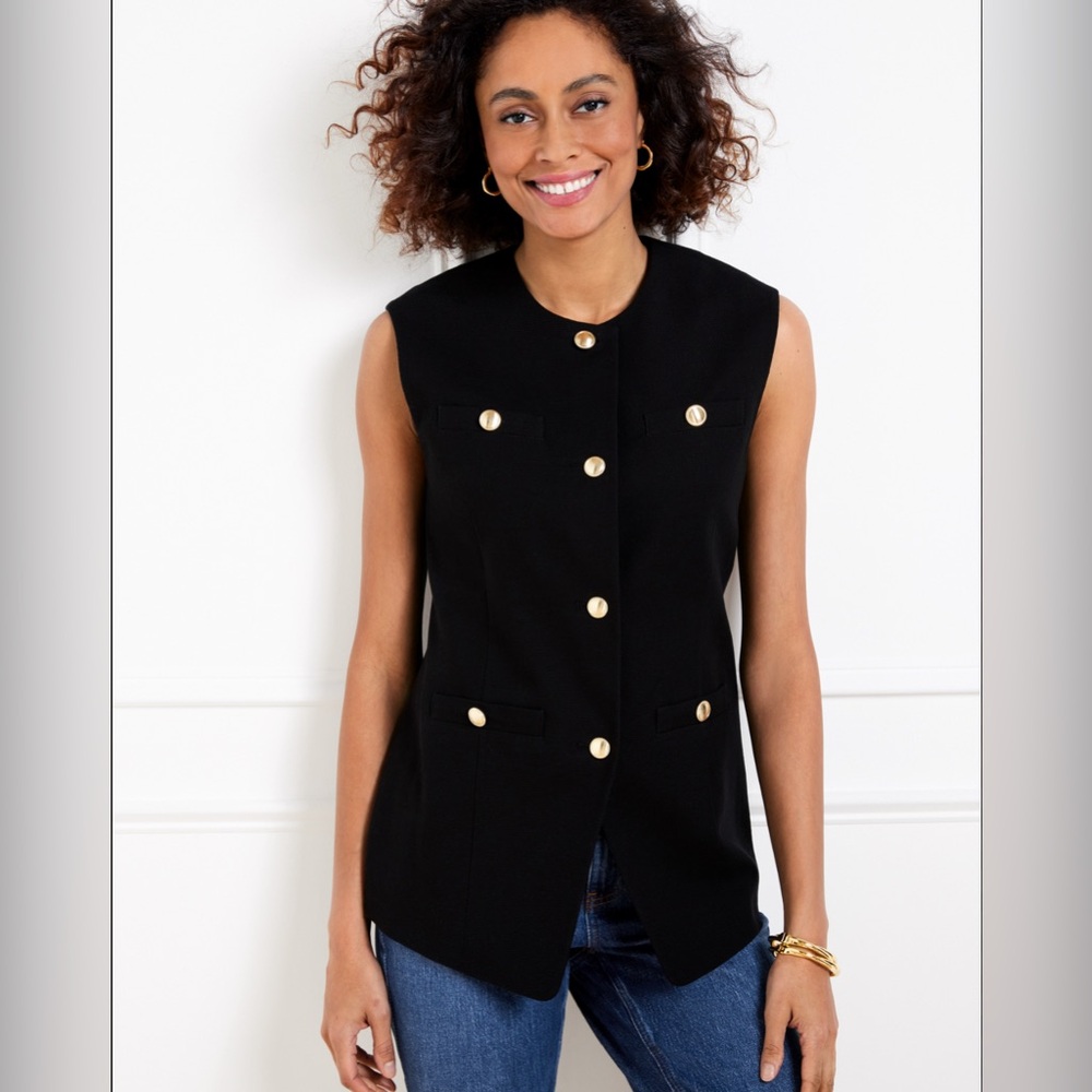 Talbots Black Sleeveless Buttoned Vest with Gold-Tone Buttons